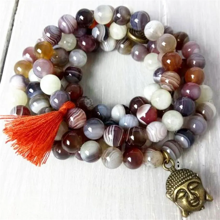 MG0833 Luxurious Design Top Grade Natural Botswana Agate 108 Mala Yoga Jewelry Buddha Head Charm Tassel Mala Necklace Shippin198S