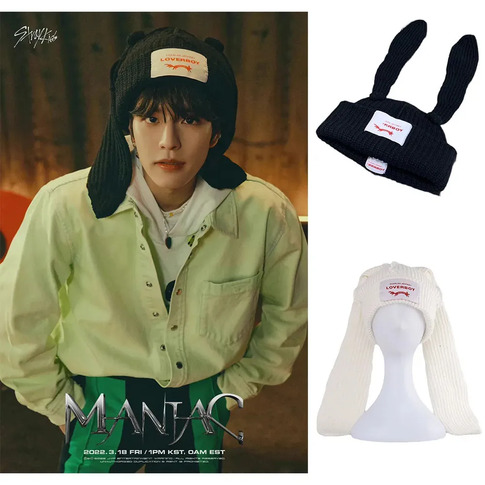 Beanie/Skull Caps Kpop Stray Kids Rabbit Long Ear Hat Seungmin Hyunjin Maniac samma stil stickad ullhatt mode casual hatt för man kvinnor 231007