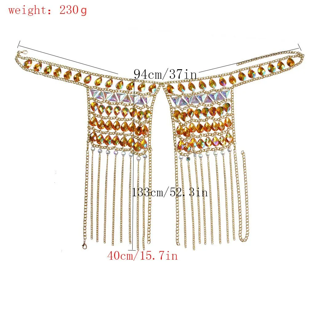 Sexy Costumes Women's Tracksuits Colorful Gems Two Piece Set Women Halter Tassel Hollow Out Metal Crop Top Sexy Patchwork Waist Chain Rave Festival Free Size