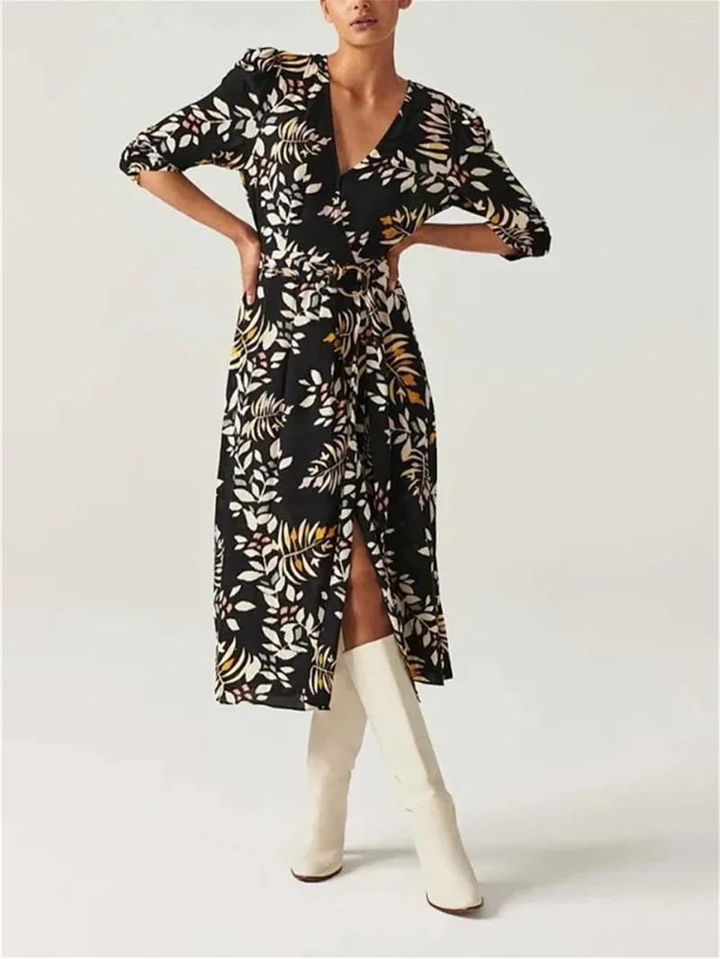 knee length dresses for ladies Alonic Fab Elegant Olive Green Midi Dress with Black Leaf Print & Belt main image 0