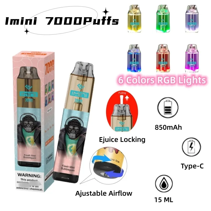 Оригинальный Imini R E-Cigarette светодиодный RGB Light Bar 7000Puffs Электронная сигарета одноразовая вайповая стручка 850mah e Кальян Зарядное устройство