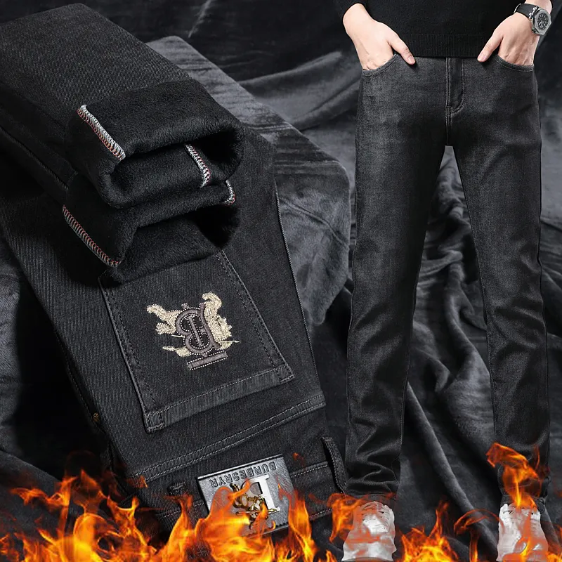 Nowe spodnie dżinsowe spodnie męskie spodnie na rozciąganie polaru Zagęże się zima Ddicon haftowane blisko dopasowane dżinsy bawełniane spodnie myte proste biznesowe biznes xw2030-1-1