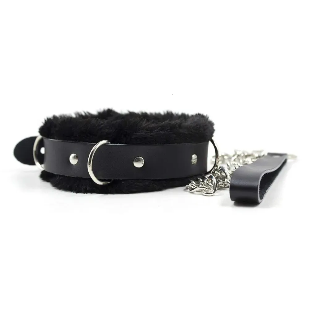 Dog Collar Jewelry Black Leather Neck Collar With Chain Leash And