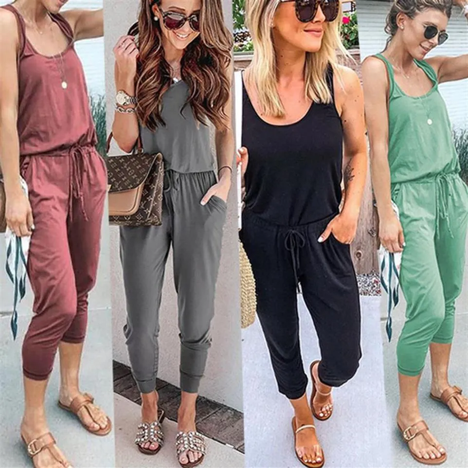 Fashion Slim Summer Jump Suits Women Lace Up Solid Casual Rompers Spaghetti Strap Pocket Black Jumpsuits Sport Ladies Clothes235m