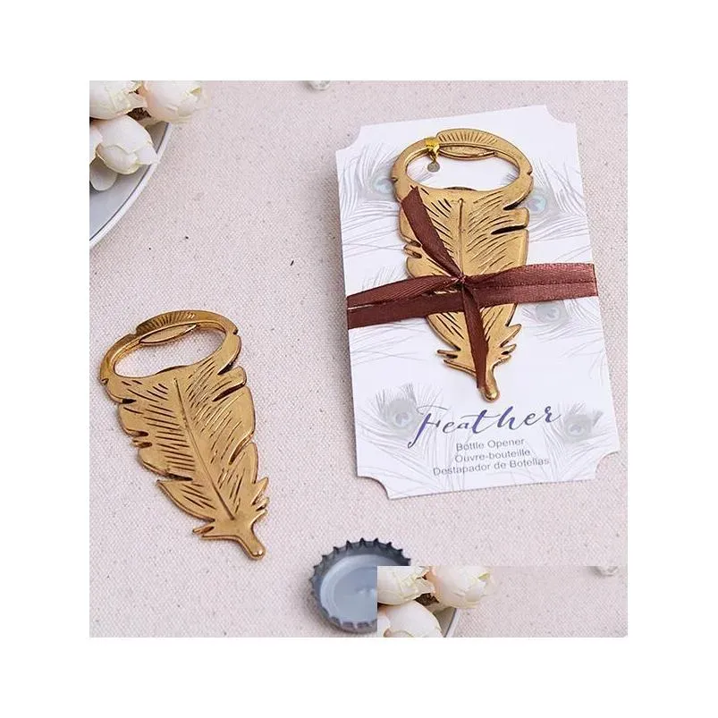 100pcs elegant gold peacock feathers bear bottle opener wedding favors gift party favor guests gifts souvenirs giveaways