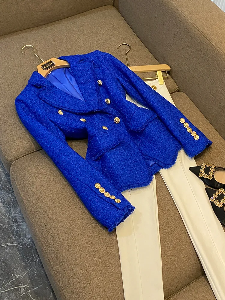 2023 Autumn Blue Solid Color Panelled Tassel Tweed Blazers Long Sleeve Notched-Lapel Buttons Double-Breasted Outwear Coats O3O072542