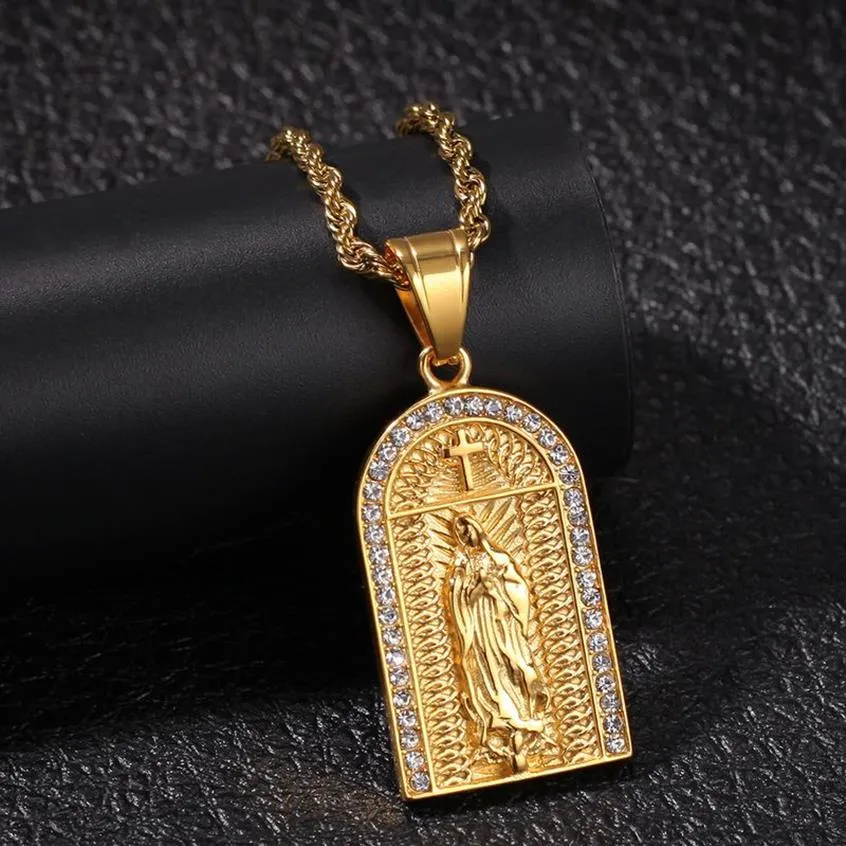 Personlig Gold Hip Hop Bling Diamond Church Cross Virgin Mary Pendant Necklace Chain For Men Women Bijoux Rapper Chains J280A