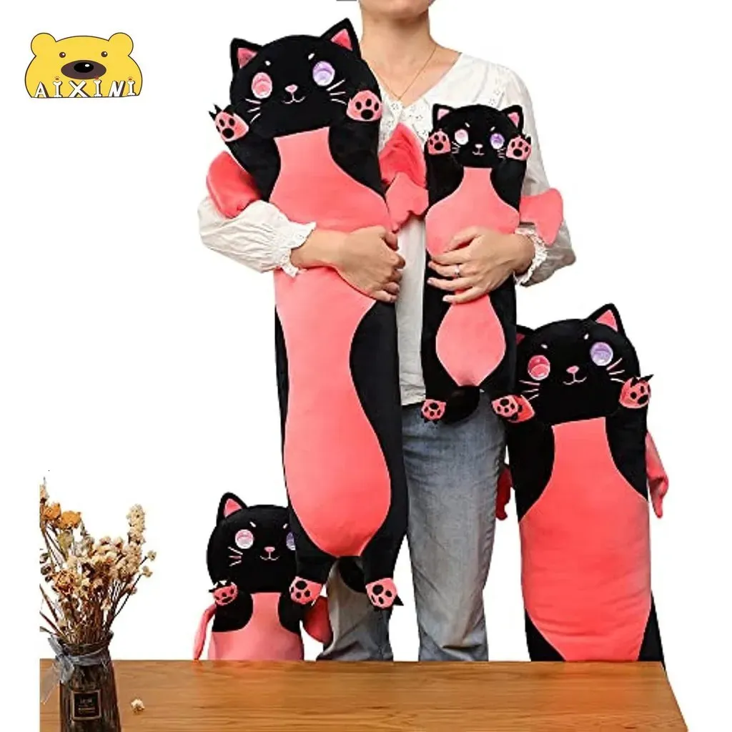Plush Dolls Decompression Toy AIXINI Black Cat Long Body Pillow Cute  Cartoon Stuffed Animals Sleeping Soft Kawaii Kitten Throw for Kid 231007