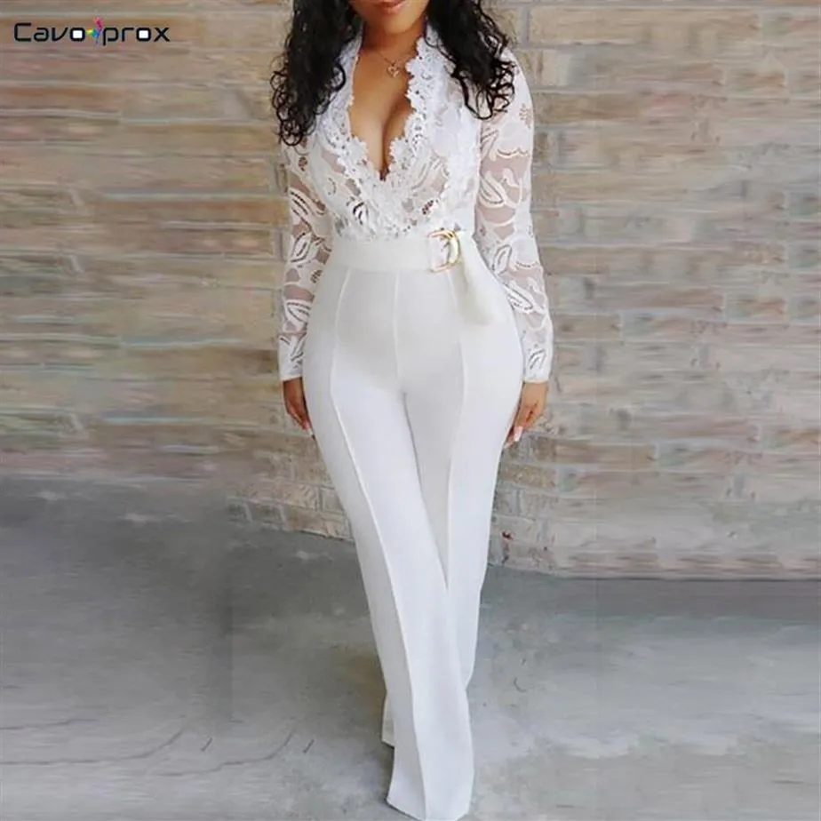 Women Plunge V-neck Lace Bodice Insert Bodycon Wide Leg Jumpsuit Solid Casual Elegant White Long Sleeve Jumpsuits203x