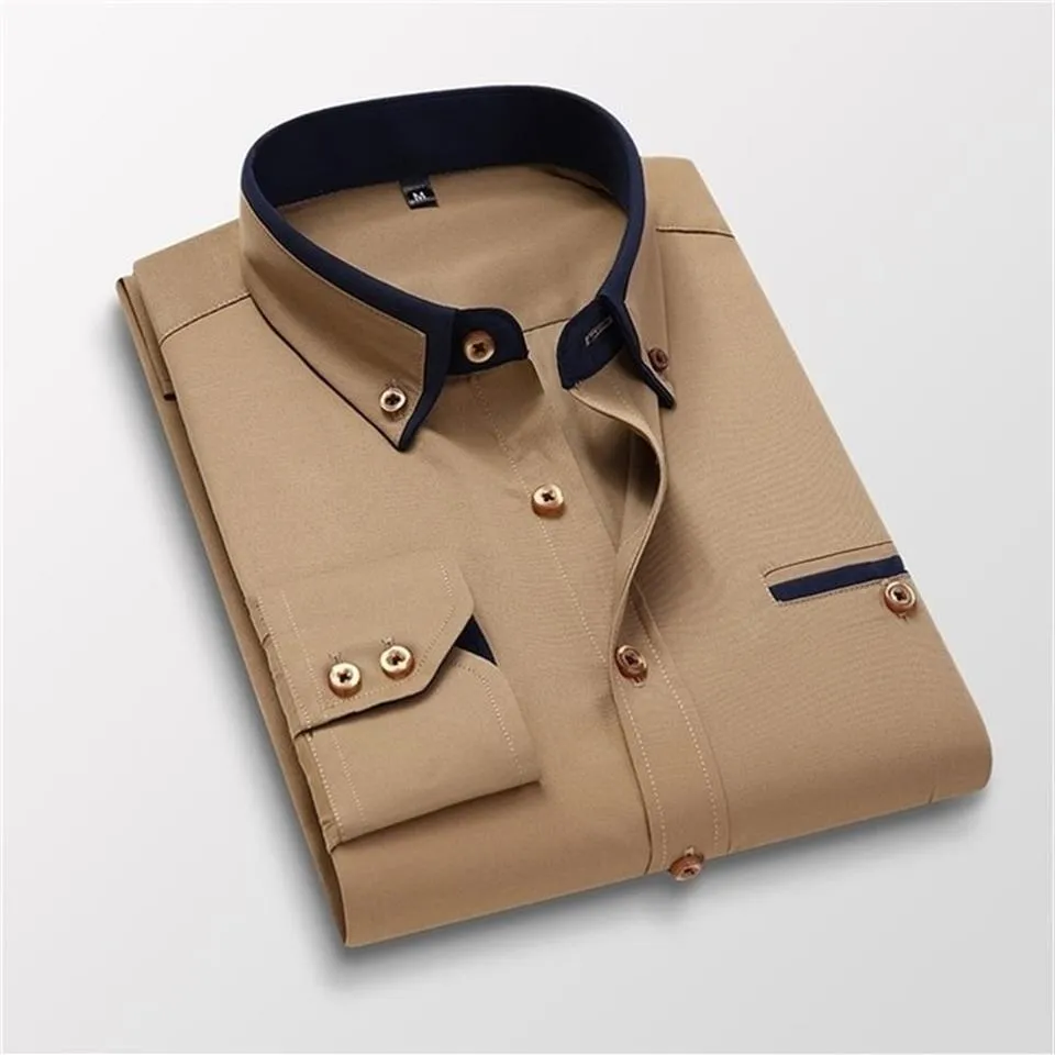 Hommes chemise à manches longues coupe ajustée sans repassage chemises printemps automne affaires robe sociale décontracté bouton vers le bas marque hommes vêtements 210716332y