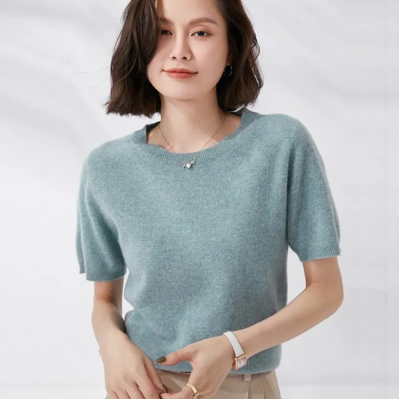 Womens Sweaters Pullover Spring/Summer Wool Sweater Short Sleeve Casual Solid Color Round Neck T-Shirt Ladies Top