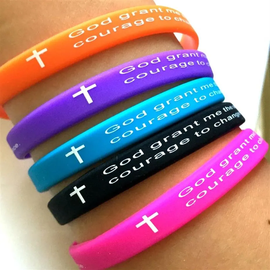 50pcs Color 7mm Width Serenity Prayer GOD GRANT ME Bible Cross Silicone bracelets Wristbands whole Christian Jewe213C