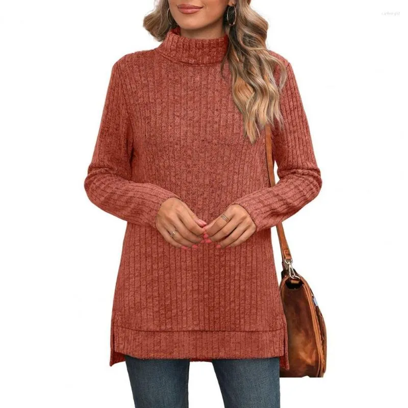Женские блузки, однотонные свитера, стильный вязаный свитер с высоким воротником, пуловер с длинным рукавом и боковым разрезом для офиса на осень/зиму