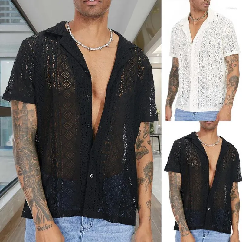 Camisas casuais masculinas algodão sheer openwork homens transparente malha sexy rendas mangas curtas transparente t-shirt verão tops sólidos na moda cardigan