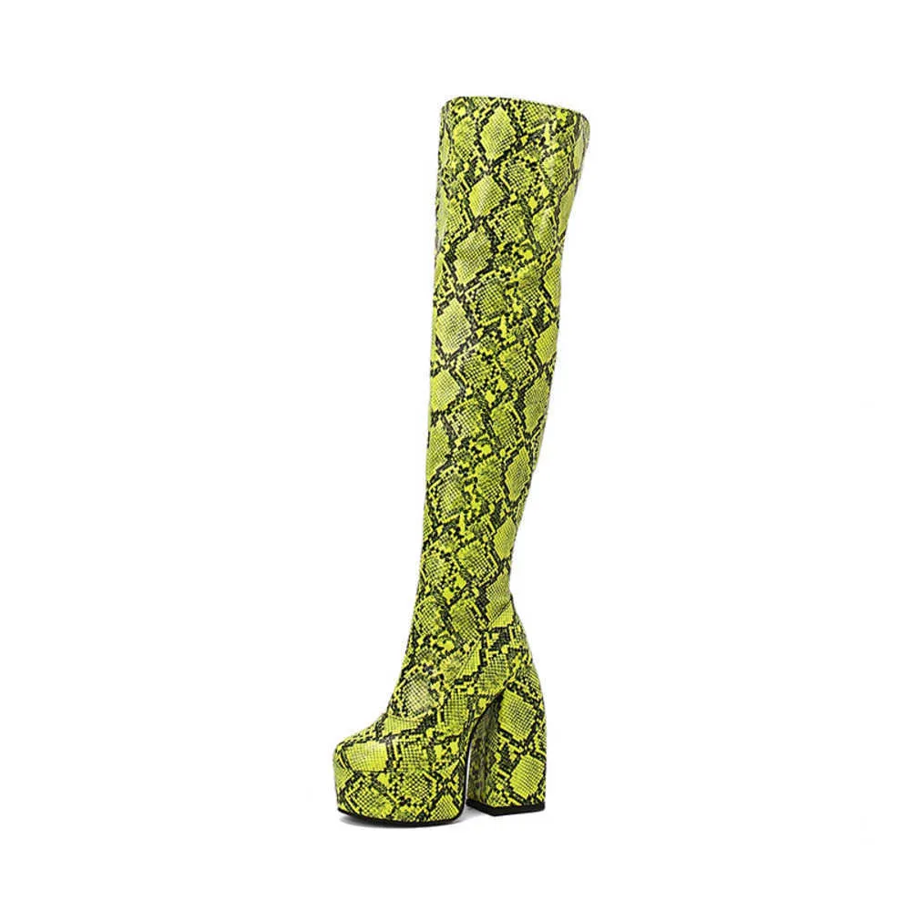 40-48 couleur bloquant motif serpent plate-forme imperméable super haut talon automne hiver femmes bottes au genou G302 231003