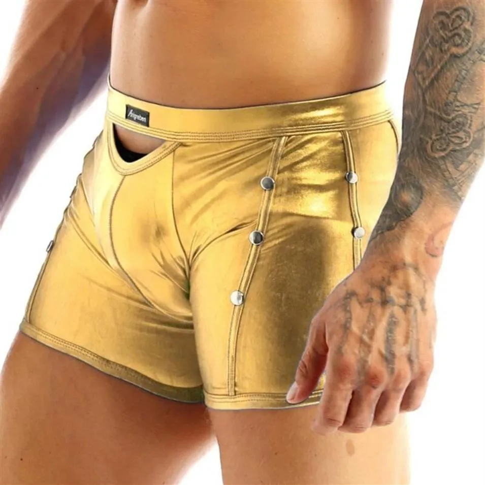 Underbyxor män sexig nit faux pu läder latex shorts boxare erotiska ihåliga manliga trosor fetisch gay club wear284n