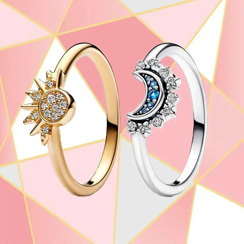 Solitaire Ring S925 Silver Jewelry 2023 Summer Collection Blue Blue Moon Sun Diamond Gold مجموعة 231007