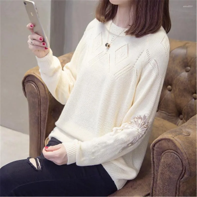 Women's Sweaters 2023 Autumn Sweater Loose Long-sleeved Thin Blouse Women Middle-sleeved Ice Silk Knit Bottoming Shirt Hollow PZ3495