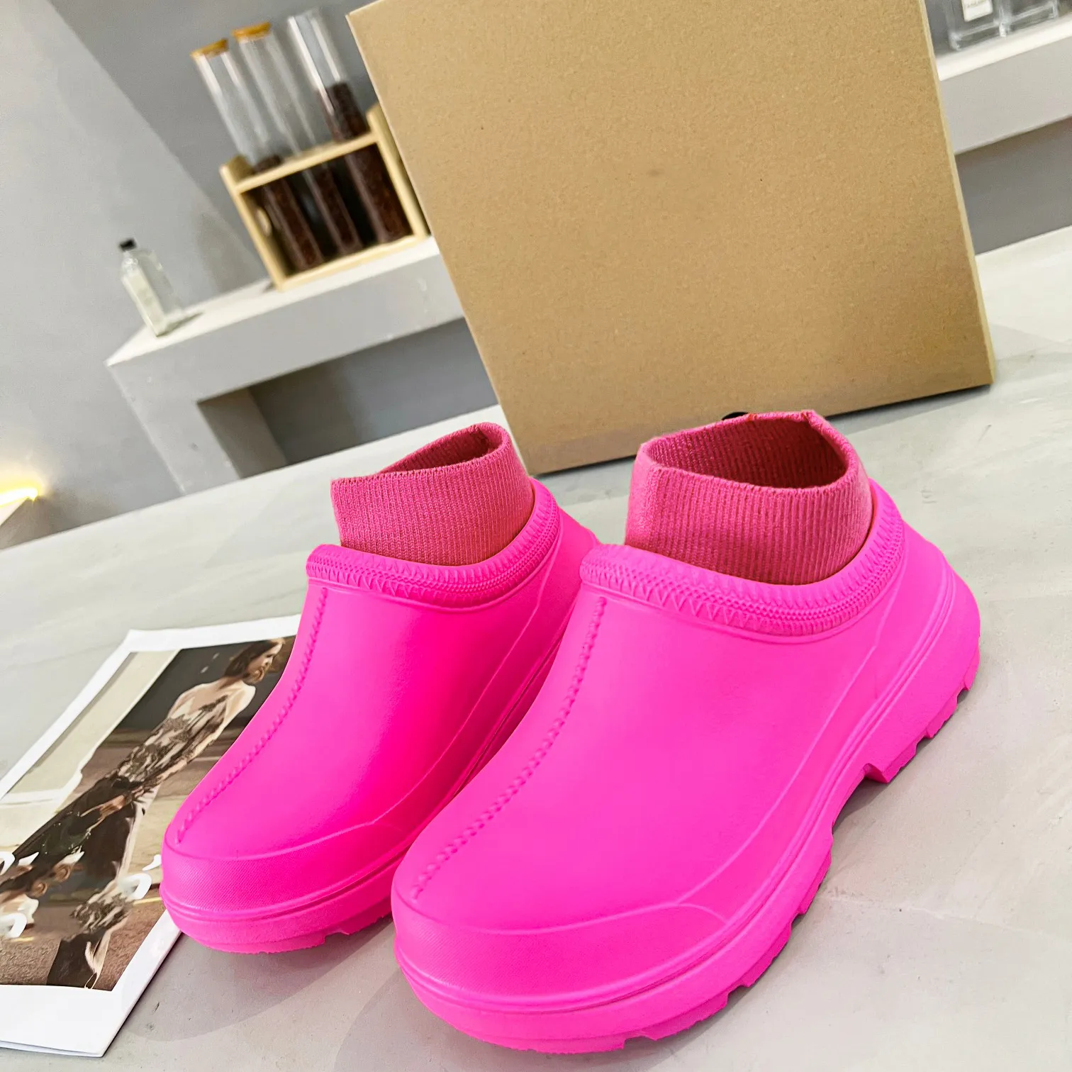 Botas ugge austrália botas de lã botas de chuva femininas meias de borracha antiderrapante brilhante amarelo rosa verde botas uggsly