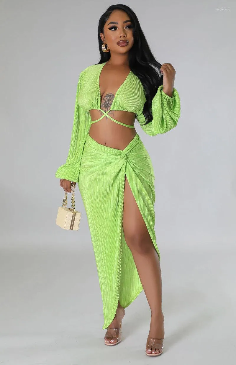 Work Dresses Sexy Green Two Pieces Skirt Set Women Long Sleeve Bandage Crop Top And Irregular Slit Midi Clubwear Suits