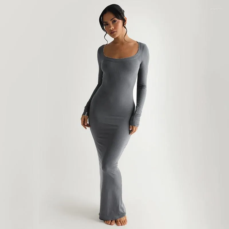 Casual Dresses Grey Long Sleeve Maxi Dress for Women Elegant Square Collar BodyCon Autumn Winter Sexig Slim Club Party Outfits