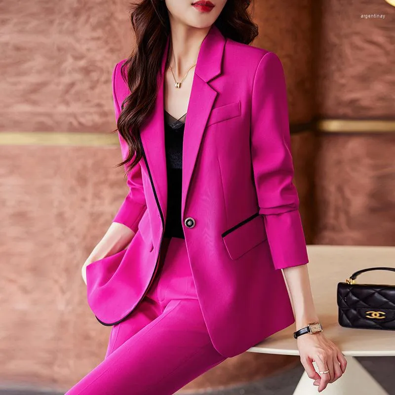 Pantalones de dos piezas para mujer Trajes de negocios formales para mujer con chaquetas Abrigo Elegante Rosa Ropa de trabajo de oficina profesional Trajes de pantalón para mujer