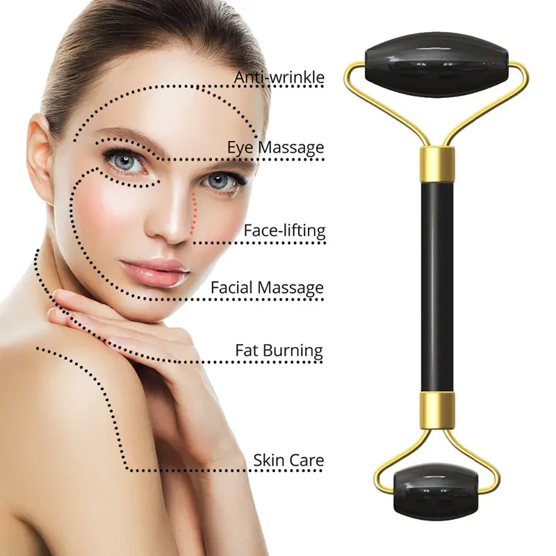 Natural Black Obsidian Jade Roller Crystal Massage Roller Gua Sha Set Real Jade Facial Lifting Tool face Thin Massager