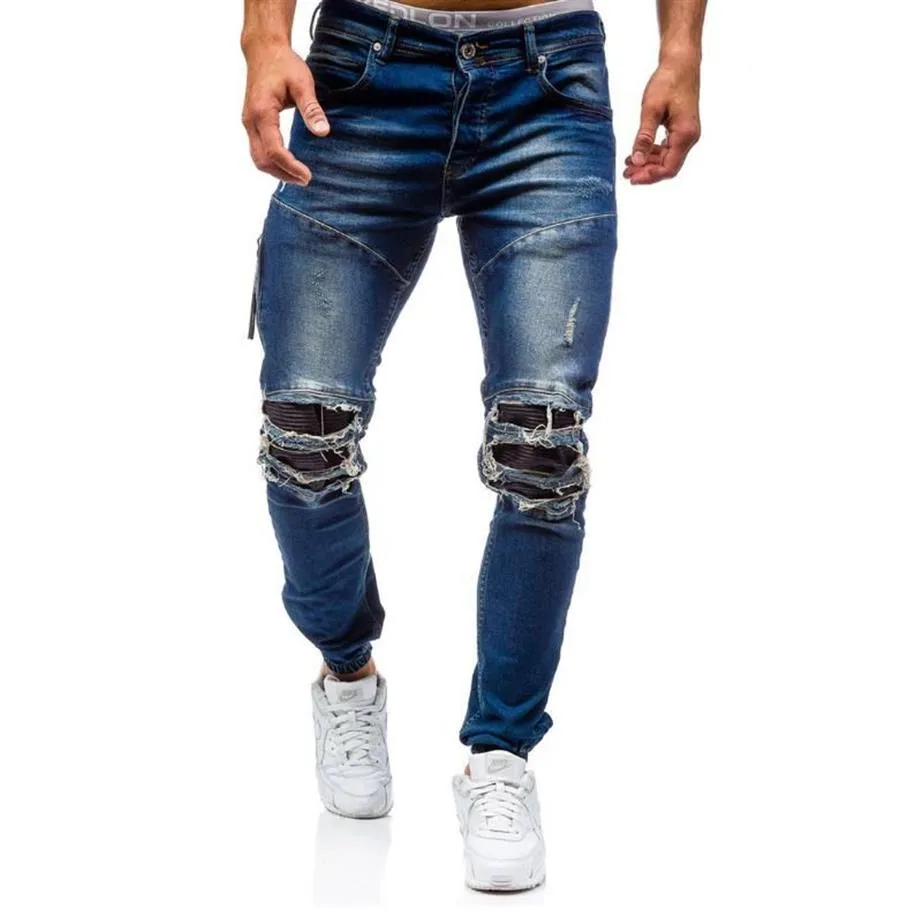 Men's Jeans Fashion Streetwear Vintage Blue Black Color Skinny Destroyed Ripped Broken Punk Pants Homme Hip Hop Men301q