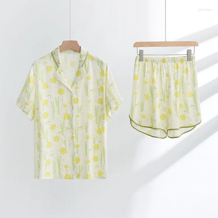 Vrouwen Nachtkleding Bloemen Gedrukt Pyjama Vrouwen Zomer Kleding 2023 Est Geel Water Fee Korte Mouw Shorts Pyjama Sets