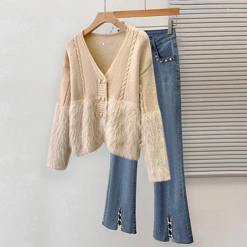 Pantalon deux pièces pour femmes, vêtements d'automne et d'hiver, tempérament à la mode, Cardigan haut de gamme, veste pull associée à un jean