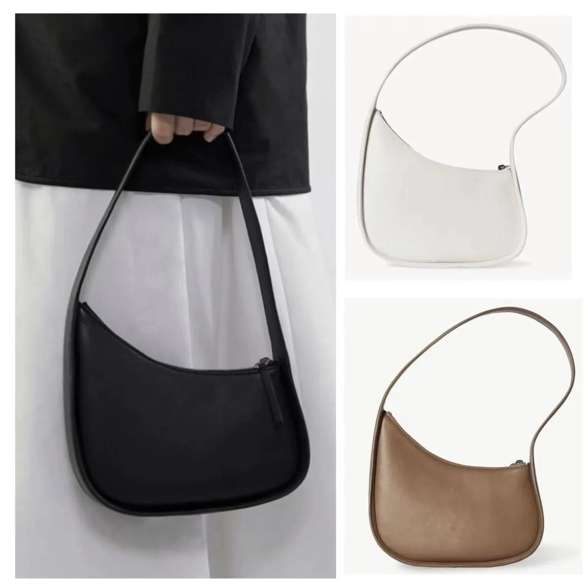 Sac Row Half Moon Designer féminin en cuir lisse avec bandoulière plate et fermeture éclair incurvée, sac fourre-tout en daim