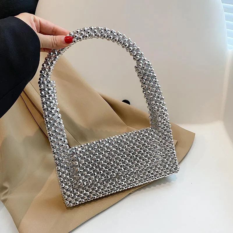 Evening Bags Underarm Bag Women Retro Plastic Shiny Hand-woven Beaded Pearl Sequin Totes Shoulder Armpit Cover Handbags