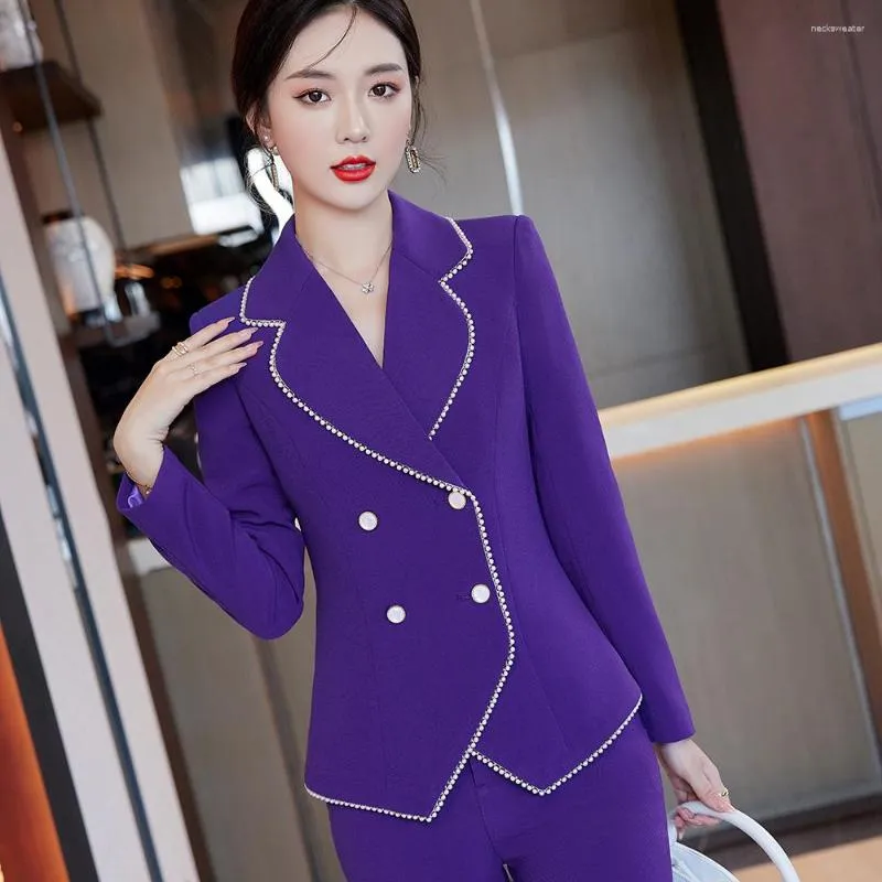 Women's Two Piece Pants 2023 Winter Female Elegant Purple Flare Suit Blazer Trouser Business Jacket Office Lady 2 Pieces Set S-4XL