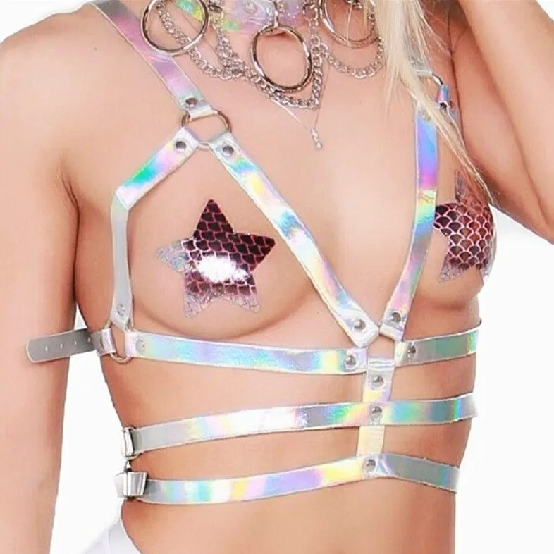 Sexy Costumes Fashion PVC Holographic Collar Choker Belt Harness Tank Top Women Hollow Out Laser Crop Top Rave Festival Tops Clubwear