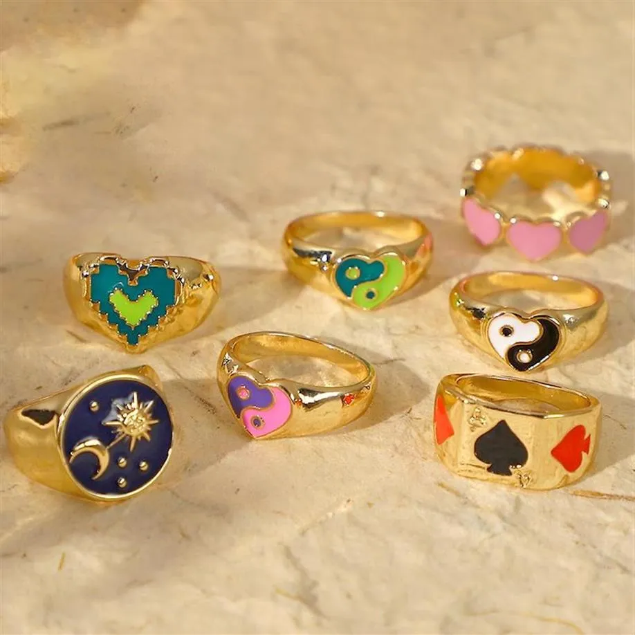 Cluster Ringe Y2K Schmuck vergoldet Mond Sonne Herz Yin Yang Ring für Frauen Vintage Punk Mode Poker Charms 90er Jahre Aesthetic288K