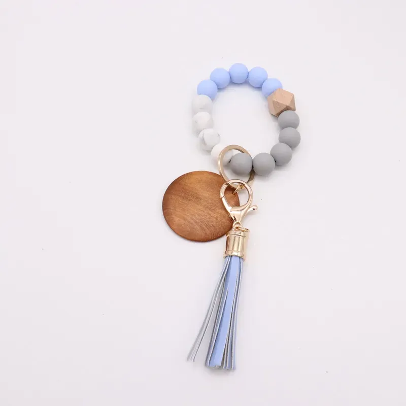 oreign Trade Food Grade Silicone Bead Bracelet Key Chain PU Leather Tassel Pendant Key Ring Wholesale Women&#039;s Multi Color Optional