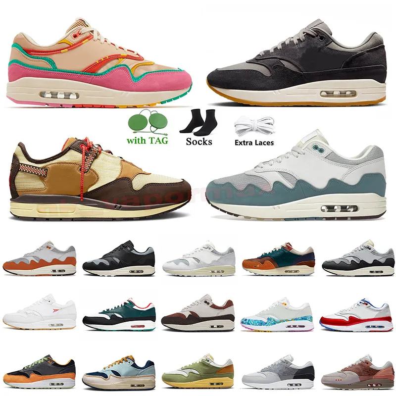 Nike Air Max 1 AirMax1 Travis Scott Cactus Jack 트레이너 여성 남성 운동화 토성 골드 동굴 스톤 바로크 브라운 오프 화이트 응고 키스 오브 데스 파라 테니스 스니커즈