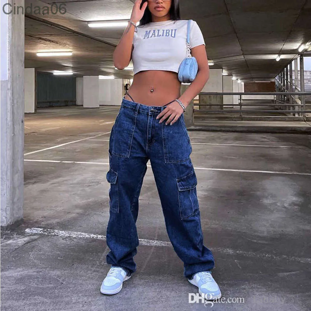 Retail Womens Denim Cargo Pants Jeans Y2k High midja klassiska fickbyxor breda ben pojkvän jeans byxor