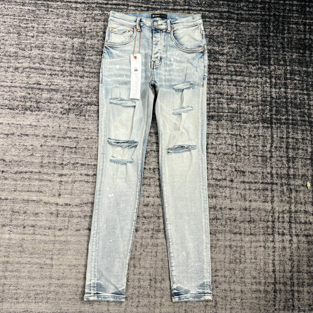 Jeans viola firmati Jeans da uomo Jeans viola firmati Pantaloni pantalones Jeans uomo Jeans strappati Jeans dritti normali Strappi di denim Jeans vecchi lavati Jeans lunghi