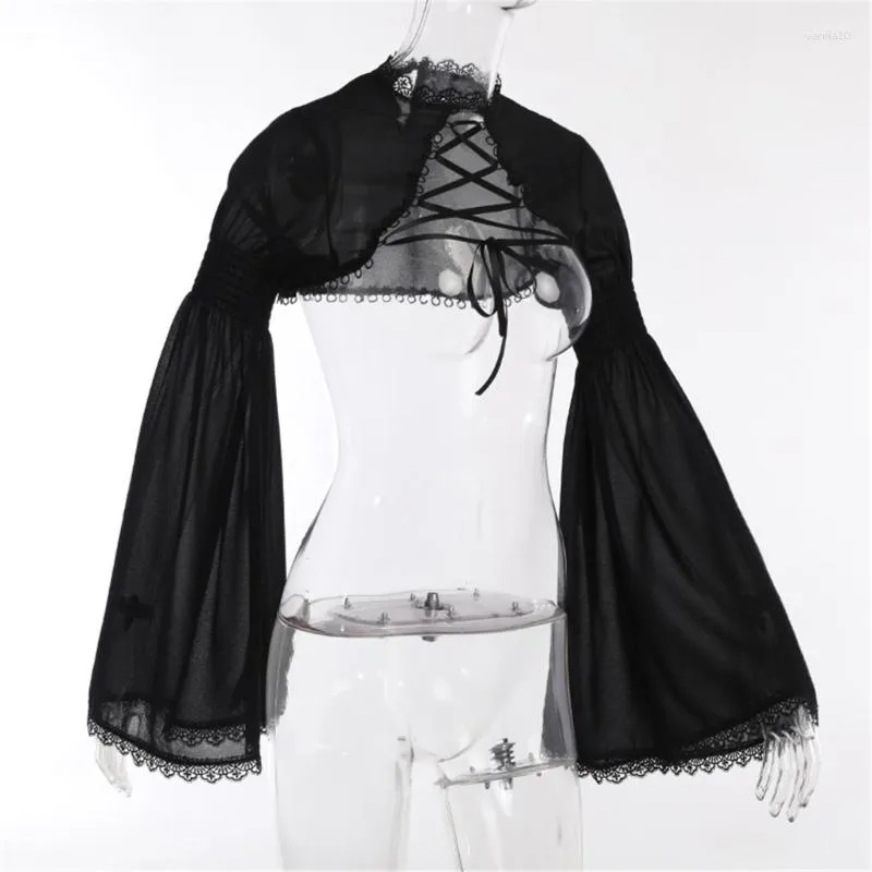 Damesjassen Dames Goth Tops Punk Cover Up Mesh Crop Top See Through Sexy Lange Mouw Blouses Y2k Zwarte Outfit Festival