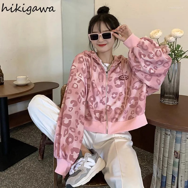 Sweet Pink Leopard Print Light Pink Hoodie Womens Hikigawa 2023