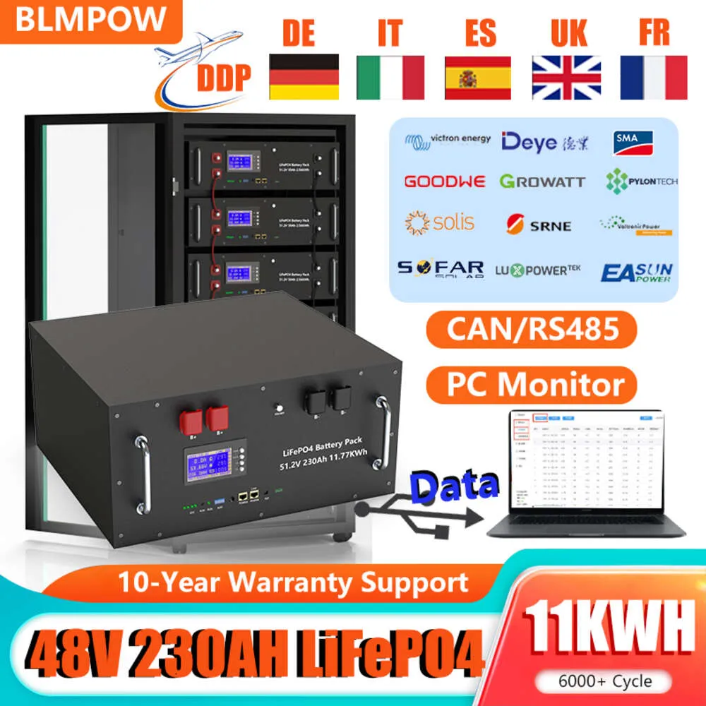 LiFePO4 48V 200AH 230Ah Battery Pack 51.2V Solar Battery CAN/RS485 32 Parellel 6000+ Cycle PC Monitor 10 Year Warranty EU Stock