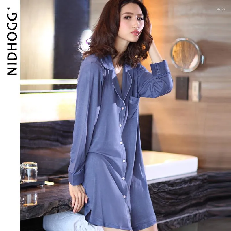Women's Sleepwear Spring Solid Color Cardigan Modal Long Sleeve Nightdress Shirt Collar Knitted Nightgowns Night Dress Sexy