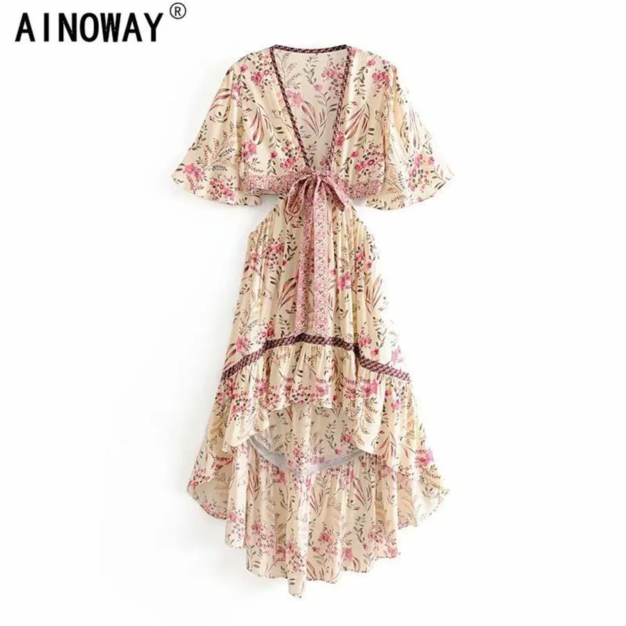 Vintage Chic Women Çiçek Baskı Kısa Kollu Rayon Bohemian Elbiseler V Boyun Püskül Yaz Boho Piled Maxi Elbise Vestidos Y282D