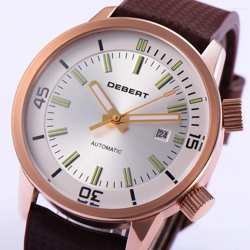 Relógios de pulso 44.5mm DEBERT Dial Branco Erkek Kol Saati Correias de Borracha Rosegold Caso Coroas Duplas Miyota Mecânica Homens Relógio Automático