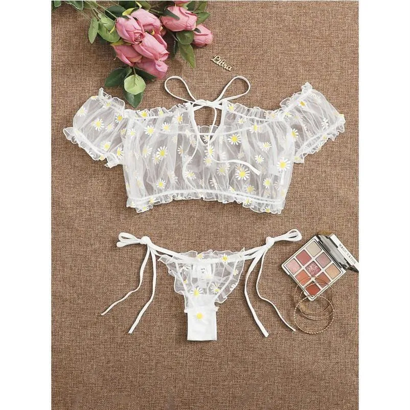 Bras sets porno femmes lingerie sexy set costumes babydoll 2pcs pyjamas strings tops daisy imprime dentelle transparente transparent panti226p