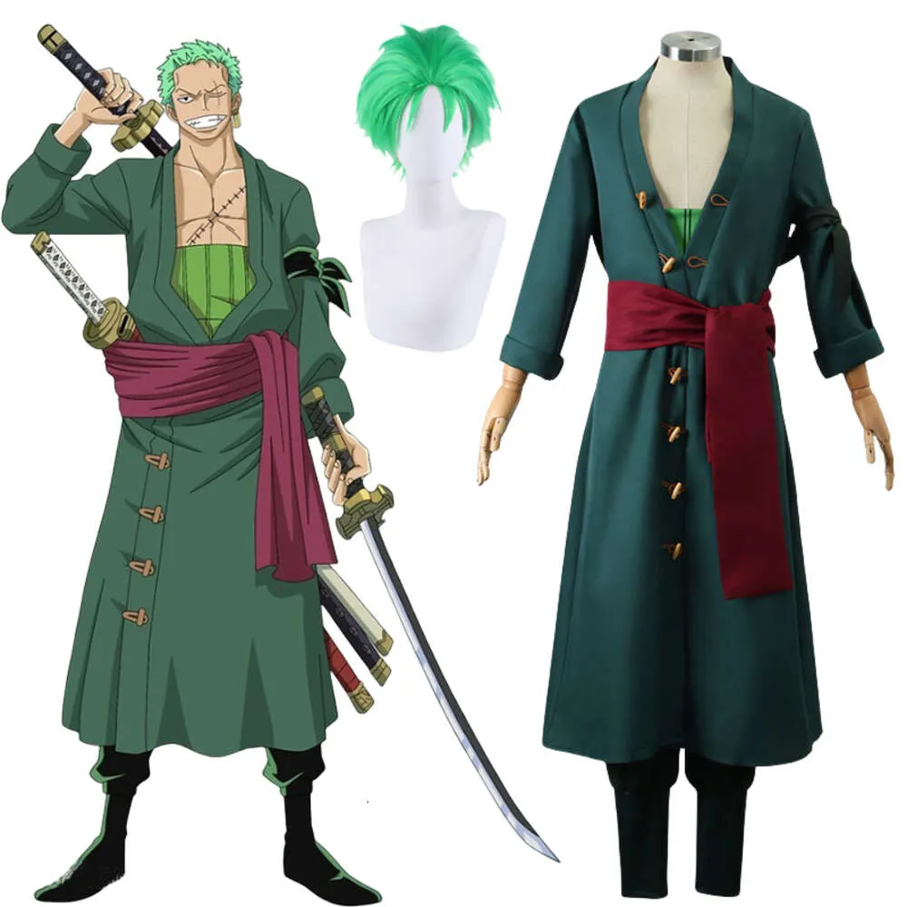 Anime Roronoa Zoro Cosplay Costume deux ans plus tard manteau pantalon et accessoire perruque verte ensemble complet Costume de fête d'Halloween pour Mencosplay