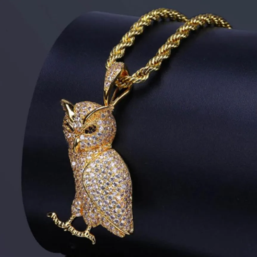 Luxury Iced Out Stainless Steel Animal Owl Pendant Necklace with 60cm Rope Chain Micro Pave Cubic Zirconia Simulated Diamonds Pend277k