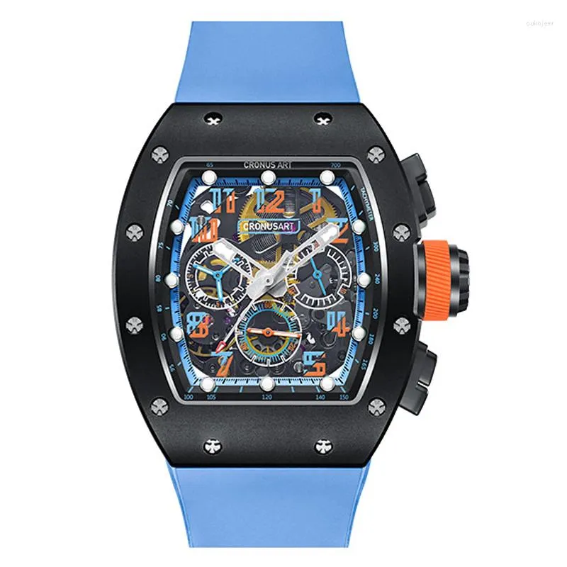 Relógios de pulso Cronusart Homens Relógio Automático Cronógrafo Luxo Tonneau Mecânico Relógio de Pulso Esqueleto Dial Luminoso Fluororubber Strap