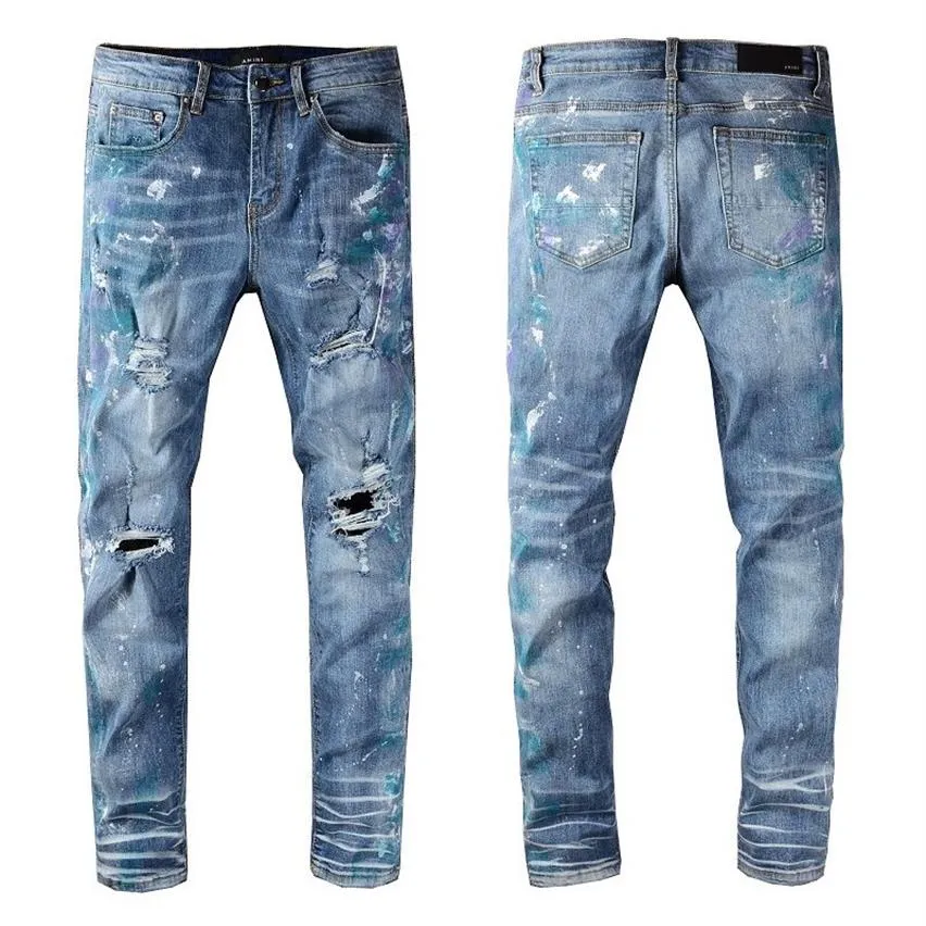 Nouvelle arrivée Mens Designer Jeans Light Blue Hole Spray Paint Médaille Mode Hommes Pantalon Slim Moto Biker Hip Hop Pantalon Top Quali251B